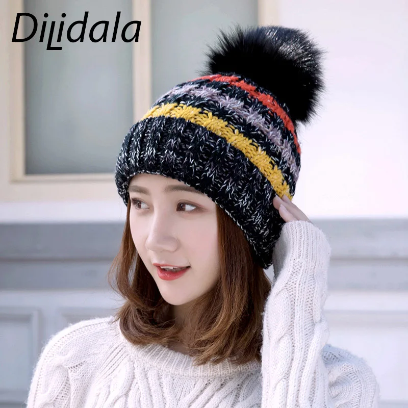 Dilidala, женские зимние вязаные шапки для женщин, набор, Женская шерстяная шапка, плюс бархат, для улицы, меховые шарики, теплая вязаная шапка, новинка