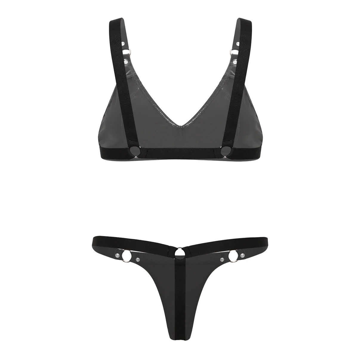 Women Ladies Wet Look Patent Leather Bikini Lingerie Set Elastic Shoulder Straps Bra Top with Mini G-string Thong Underwear