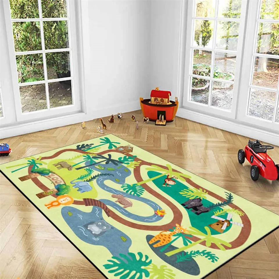 Cartoon Animals Floor Carpet For Kids Room Cute Green Forest Bedroom