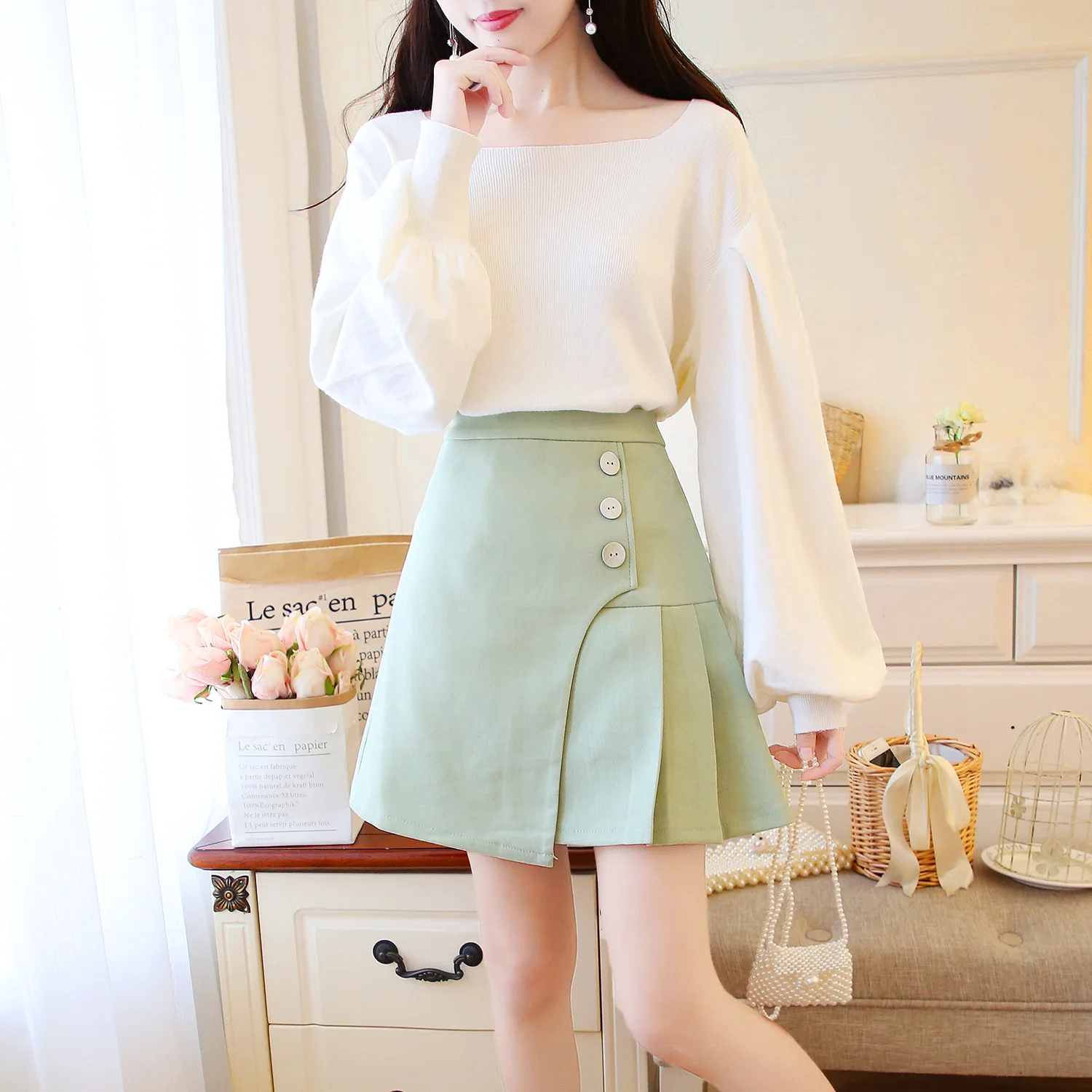 

Puff Sleeve Casual Loose-Fit Pullover Sweater + Avocado Green Pleated Skirt Set Two-Piece Set