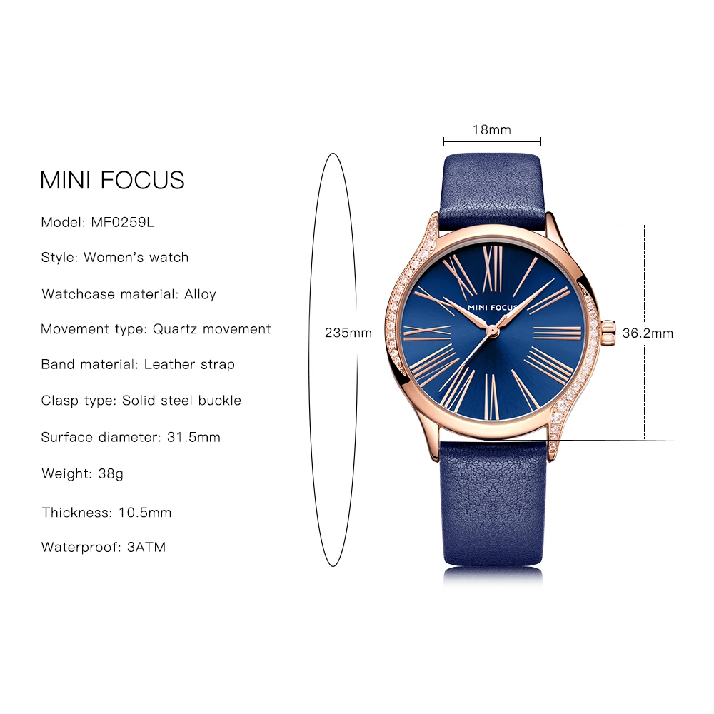 MINIFOCUS, классические, элегантные, синие, кожаные, женские часы, Iced Out, кварцевые, женские часы, водонепроницаемые, простой дизайн, модные, женские часы
