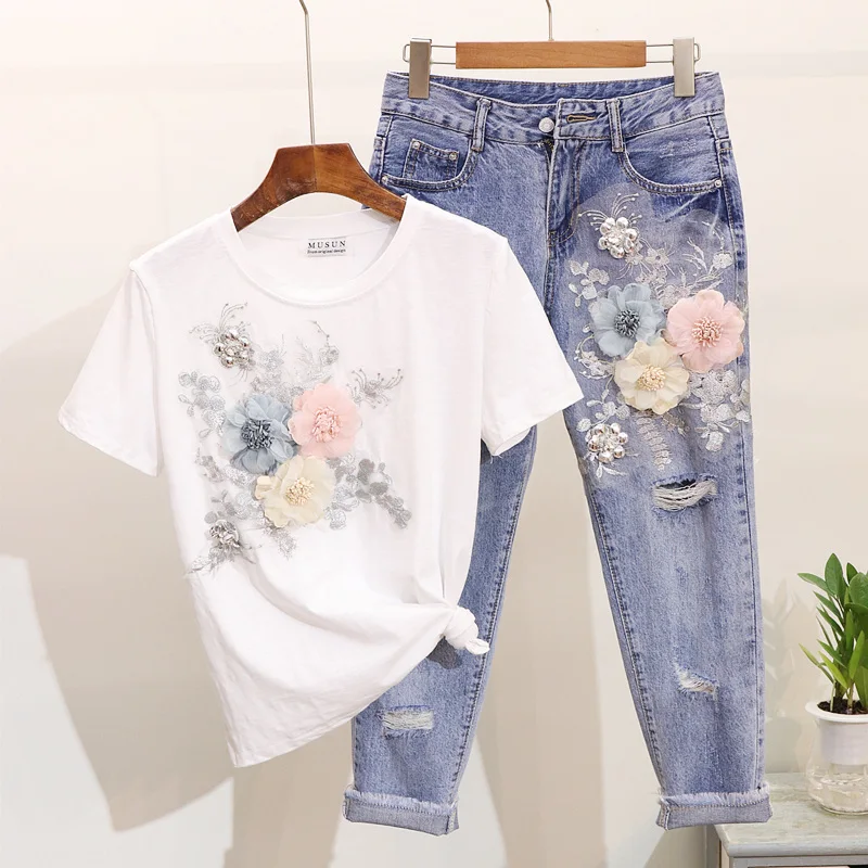 

Europe America Women Heavy Work Embroidery 3D Flower Tshirts + Jeans 2pcs Clothing Sets Summer Casual Suits plus size