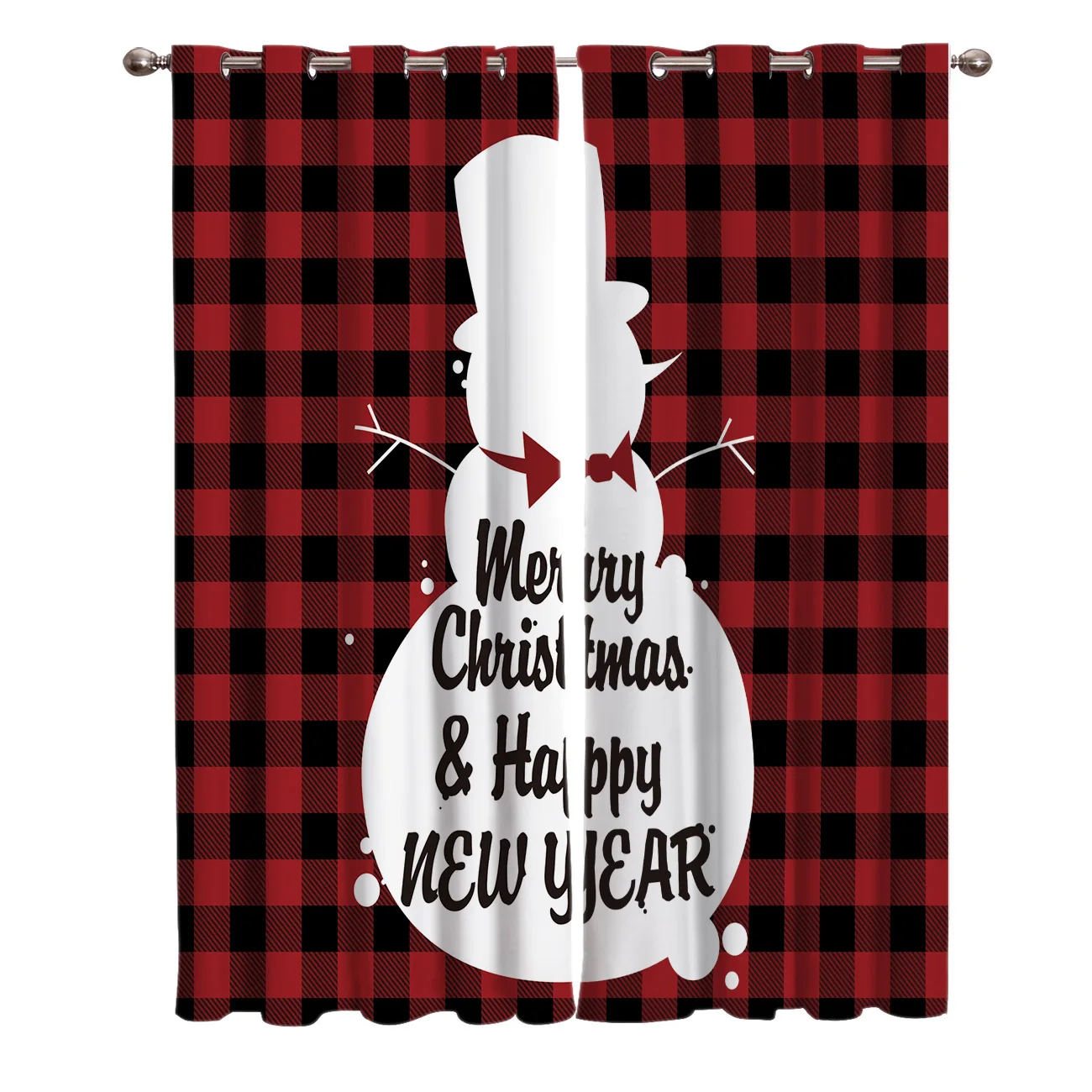 Merry Christmas Snowman Black Red Plaid Window Treatments Curtains Valance Bathroom Kitchen Decor Curtain Panels With Grommets