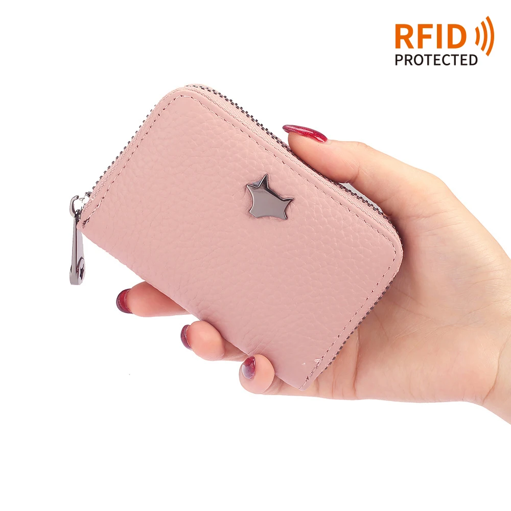 Sakura pink RFID Блокировка защищенная натуральная коровья кожа кошельки 12 слотов для карт кошельки женский кошелек для монет мини женская сумка для денег для девочек - Цвет: Sakura pink