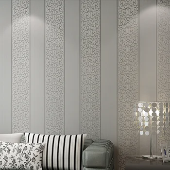

Plain lGray Striped Wallpaper Roll Modern Non Woven Fabric Pearl Flocking Bedroom Living Room Background Wall paper White Mural