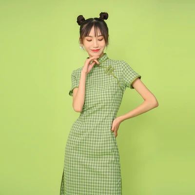Grass green Модное клетчатое винтажное Современное женское летнее хлопковое льняное платье Ципао традиционное китайское платье Элегантное тонкое платье Ципао - Цвет: Grass green