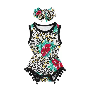 

2020 Fashion Cute Newborn Baby Girls Bodysuit Sleeveless Leopard FringeTassel Leopard Jumpsuit+Headband Baby Clothes Outfits