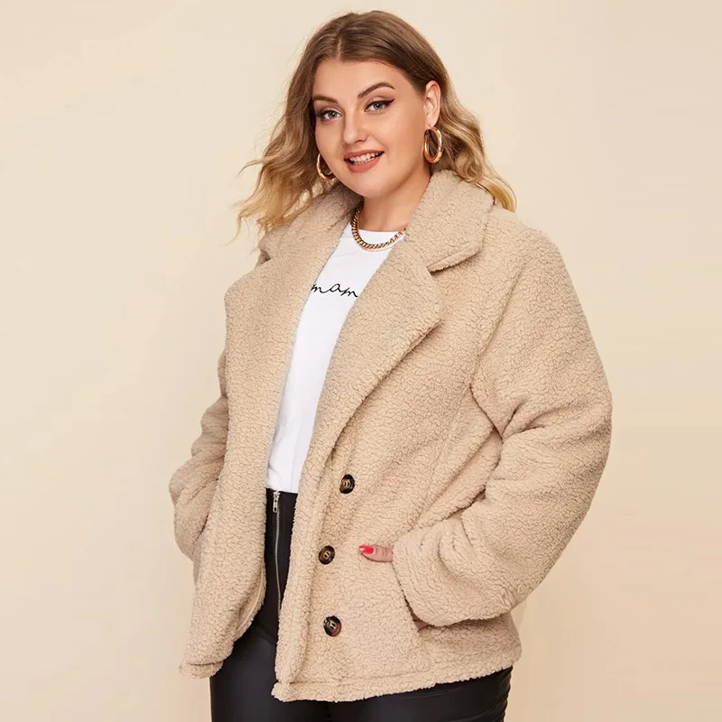 

Hot New Winter Women's New Fashion Lapel Double Breasted Large Lamb Fur Coat Female Trend Plus Size Coats Ladies Warm Tops