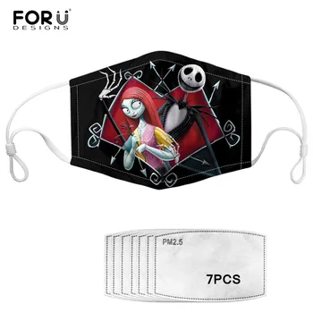 

FORUDESIGNS The Nightmare before Christmas Print Mouth Mask Men Women Face Mask with 7 pcs Filter Kids Anti-dust Reusable Masks