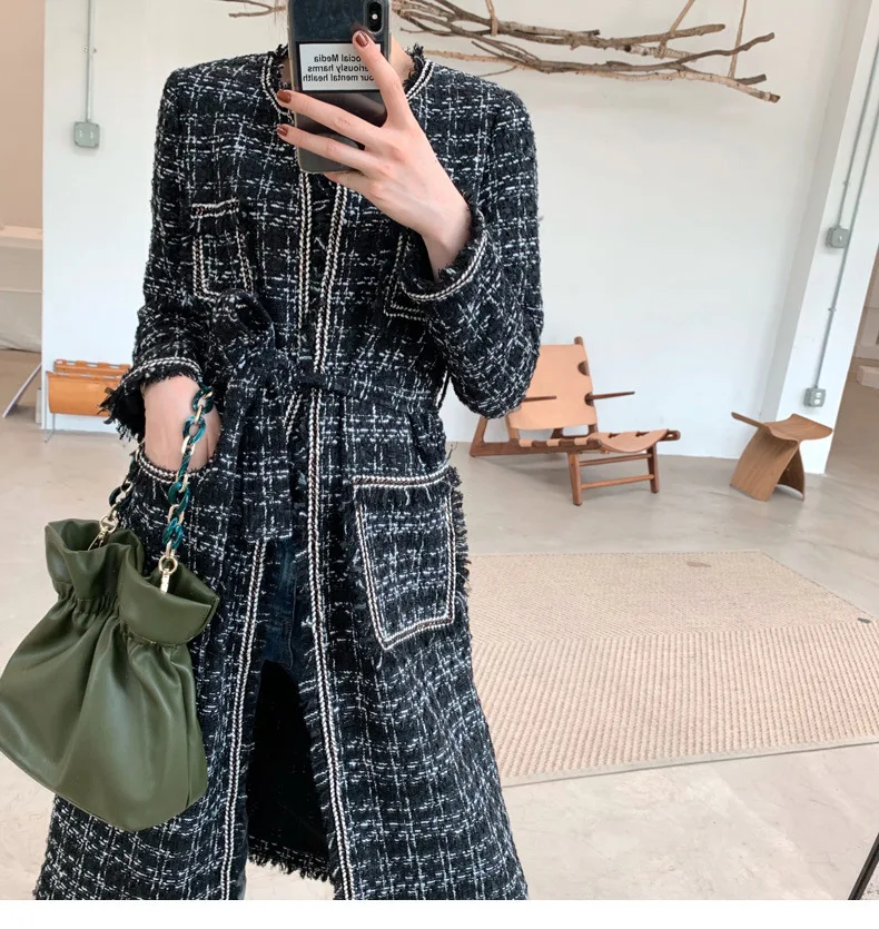 Autumn Winter Jacket Women Belt Pockets Casual Female Outwear Thin Black Checkered Tweed Plaid Long Loose Coat