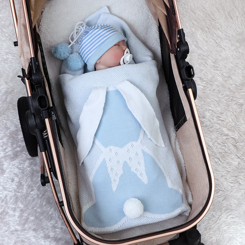 Baby Blankets 100%Cotton Plaid Knitted Newborn Girl Boy Stroller Wrap Swaddle Cute 3D Rabbits Pom Pom Infant Bedding Crib Quilts 3