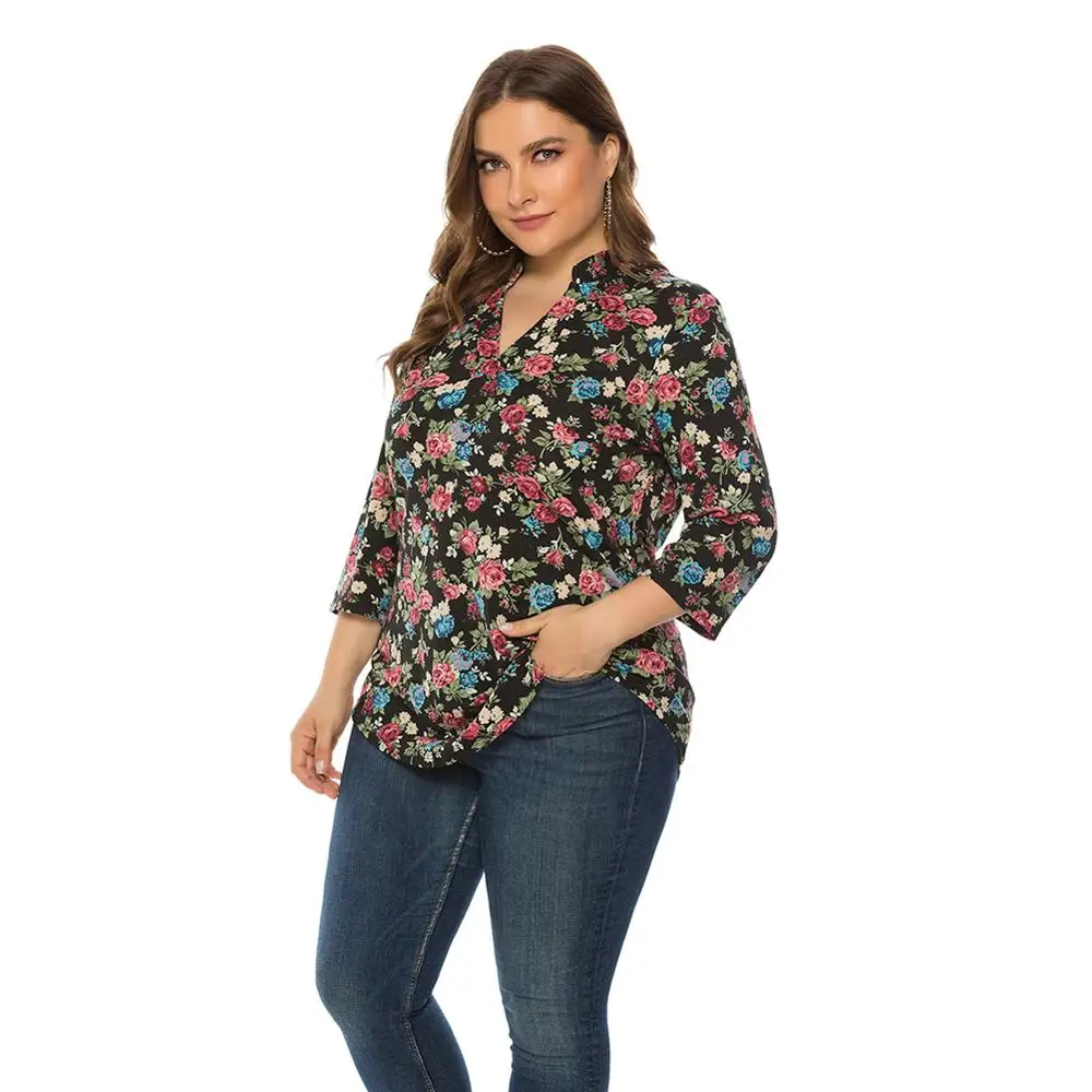 

V-neck Floral Blouse Slim Commute Elegant Female Shirt Spring and Summer Women's Casual Plus Size Blouse