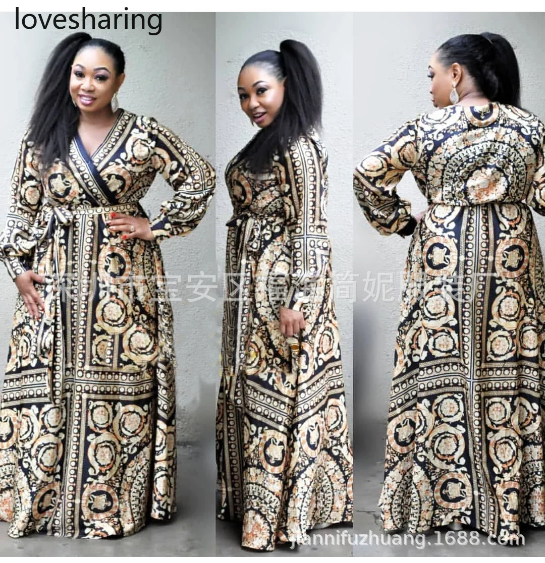 Платье с v-образным вырезом модным принтом большое свободное платье длинным