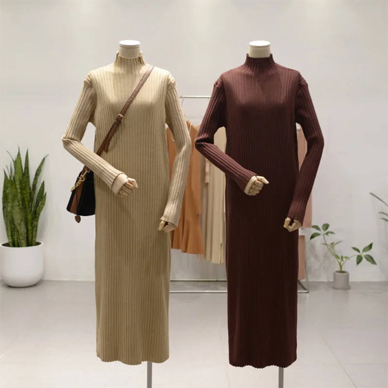 

Autumn Winter Bottom Warm Half turtleneck Dress Women Sweater Fall Mid-Calf Long Chic Female Dresses Soft Rib Knitted dresses