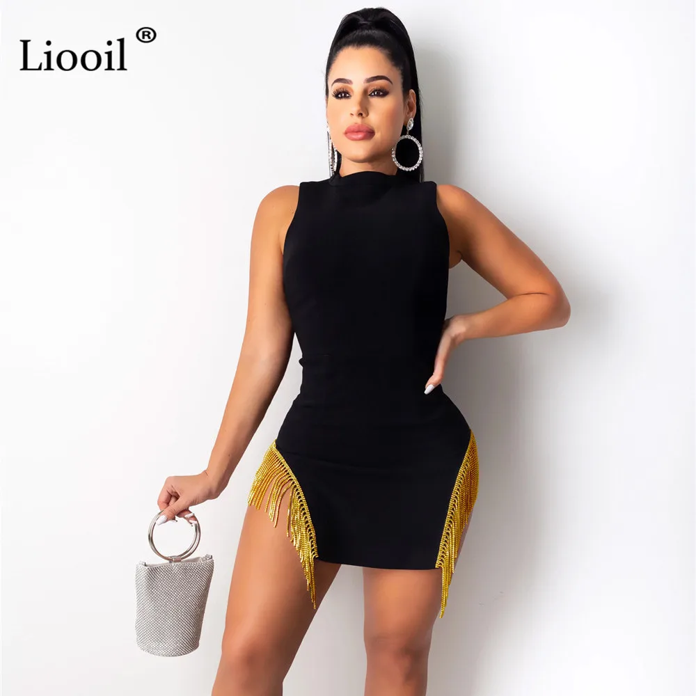 Liooil, черное облегающее мини-платье с кисточками, женская одежда, сексуальная клубная одежда, без рукавов, с круглым вырезом, облегающие Женские вечерние платья
