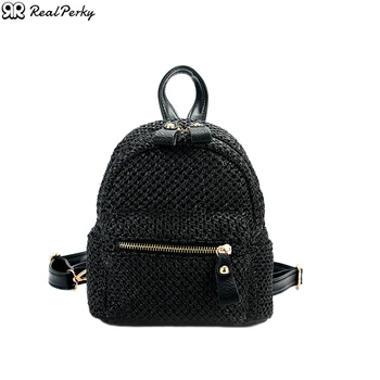 

Women New Solid color Fashion Shoulder Backpack Female Casual Handmade Woven Straw Bags Ladies Woven Rattan Beach Small Backpack