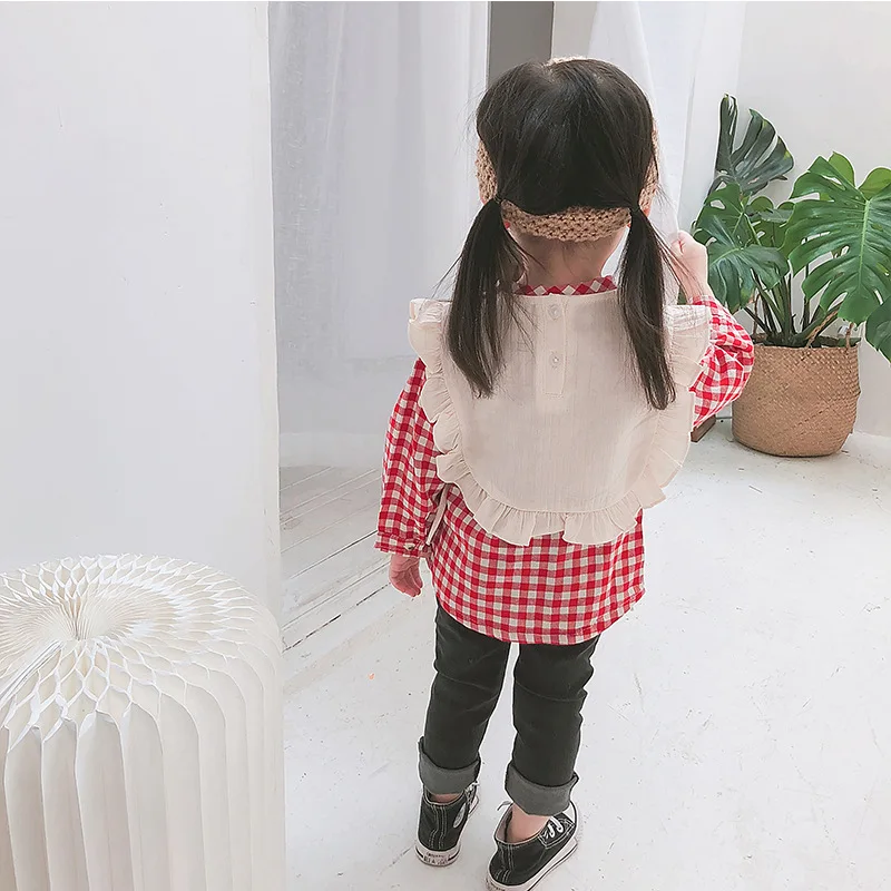 A mu hou/Детская рубашка г., осенняя рубашка на шнуровке с вырезом комплект из двух предметов, милая Клетчатая блуза с длинными рукавами для малышей