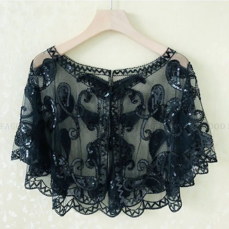 Black shawl Женская расшитая бисером 1920s Гэтсби шаль с пайетками винтажное Болеро Хлопушка вечернее обертка Хлопушка накидка черный/белый/Золотой/Серебряный/фиолетовый/розовый - Цвет: Black shawl