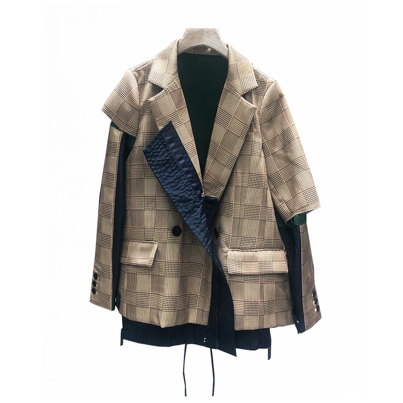 Celebrity women plaid patchwork jacket designer autumn new stitching color matching lattice hem drawstring casual Windbreaker
