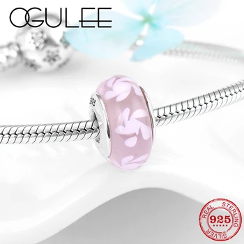

100% Authentic Original 925 Sterling Silver pink Murano Glass Beads White flower Fit Pandora Charm Bracelet Jewelry making 2019