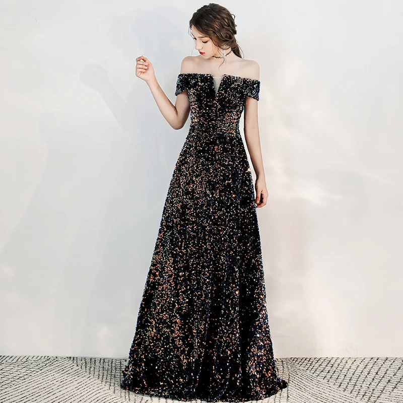 SSYFashion новые роскошные Сияющие Блестки вечернее платье, для банкета элегантный вырез лодочкой длинное платье на выпускной, торжественное бальное платье для девочек, Vestidos De Fiesta, De Noche - Цвет: blue