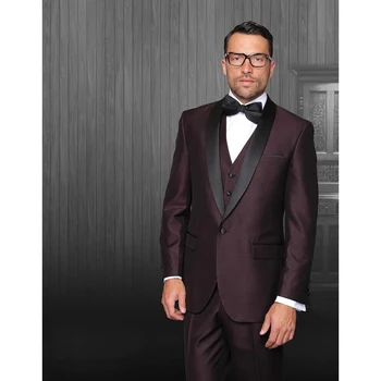 

Custom made a button gap Burgundy groom men suit black Lapel jacket+pants+tie+vest men's dress wedding best man mens suits