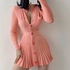 STYLISH LADY Single Breasted Ribbed Dress 2022 Spring Women Long Sleeve O Neck Party Sweet Knitted Pleated Mini Dress ► Photo 1/6