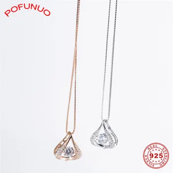 

POFUNUO S925 Sterling Lovers Gift Heart Pendant Necklace Water Drop Elegant Zircon 40+5cm Chokers Girl Friend Gift Fine Jewelry