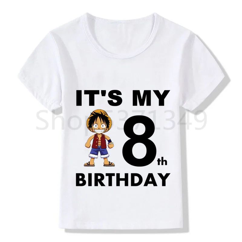 Цельный LUFFY мультфильм футболка «С Днем Рождения» Happy футболка «С Днем Рождения» с принтом забавные детские футболки, футболка для мальчиков и девочек, Рубашка с короткими рукавами футболка «С Днем Рождения»