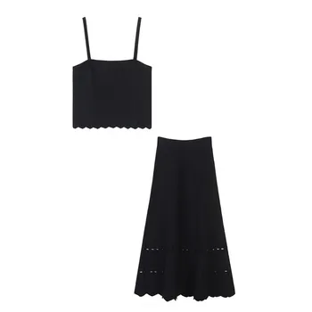 

Runway Sexy Hollow Out Sets Women Suits Knitted Camis Skirts Set Slim Fit Ladies Two-piece Sets Summer Holiday Tops Suits Club