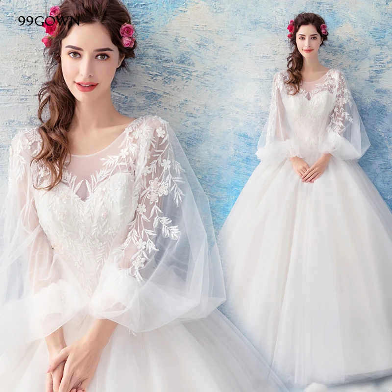 99GOWN, простые свадебные платья для свадебной церемонии, длинный рукав-фонарик, ТРАПЕЦИЕВИДНОЕ свадебное платье из тюля, с кружевами, с открытой спиной, бальное платье - Цвет: Слоновая кость