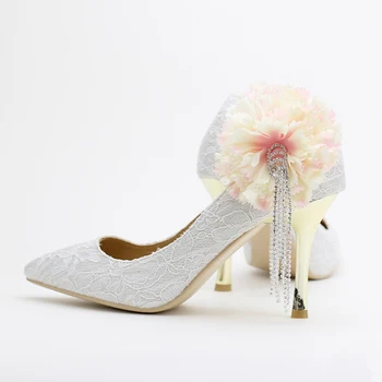 

Spring And Summer Women White Lace Shoes Elegant Pointed Toe Bouquet Pumps Appliequed Tassel Rhinestone Bridal Dress Shoes