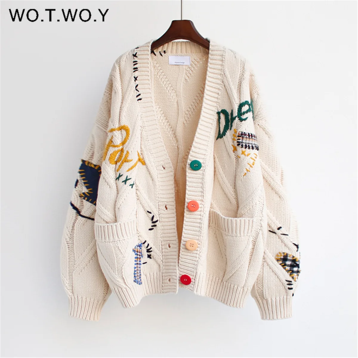 Женский вязаный кардиган с v-образным вырезом WOTWOY свитер свободного кроя на