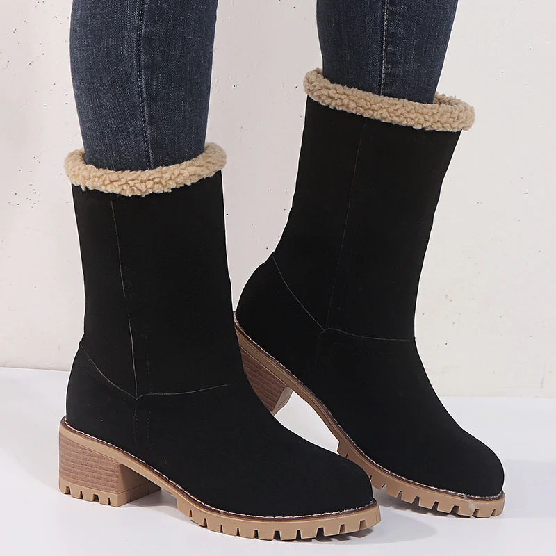 Botas de nieve aterciopeladas para mujer, botines cálidos a la moda, botines de botín bajo, zapatos exteriores sin cordones, para invierno