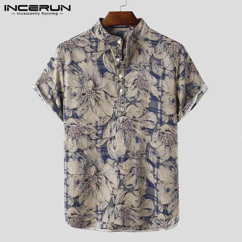 Summer Men Casual Shirt Printed Short Sleeve Stand Collar 2020 Breathable Blouse Streetwear Camisas Chic Hawaiian Shirts INCERUN Summer Men Casual Shirt Printed Short Sleeve Stand Collar 2020 Breathable Blouse Streetwear Camisas Chic Hawaiian Shirts INCERUN