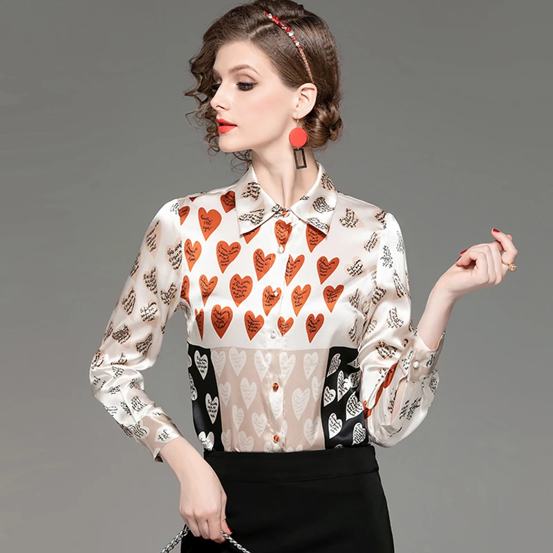 

100% Silk High Quality Women's Runway Shirt Turn Down Collar Long Sleeves Printed Fashion Casual Shirt Blouse