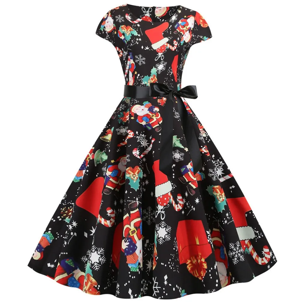 Черное платье с принтом в виде лося и бантом, винтажное мини платье с коротким рукавом, рождественский подарок, женские платья 1950 s, Elbise Jurken# ZC