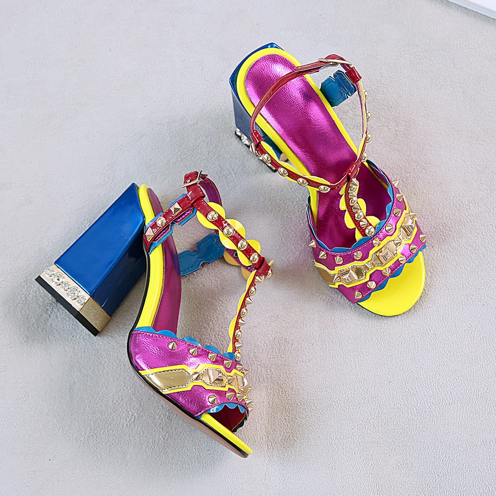 Brand high quality Sheepskin leather women's sandals Summer punk studded gothic sweet girl super high heels shoes Purple 33 38