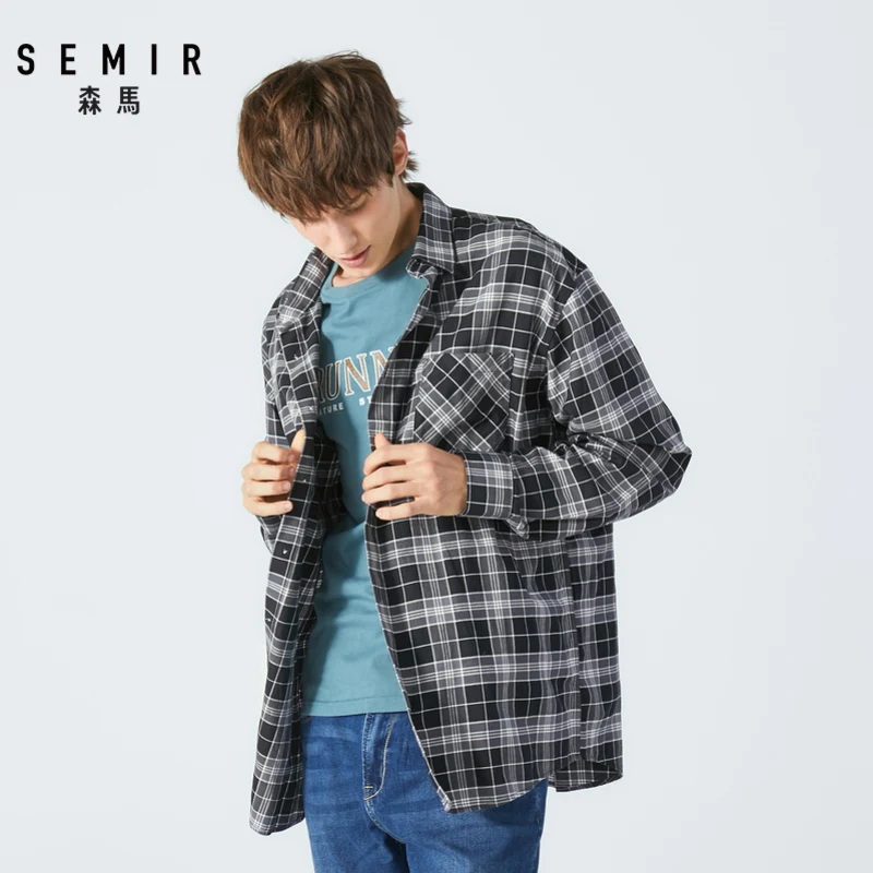 Рубашка SEMIR мужская с длинным рукавом хлопок лацканами в клетку корейская мода