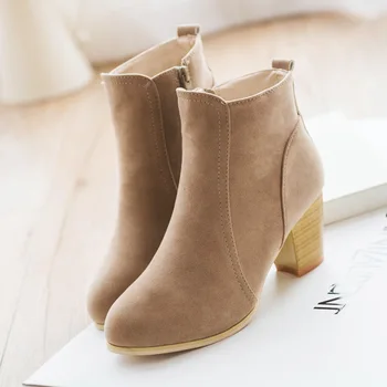 

Chelsea Fashion Solid Women Ankle Boots PU Round Toe Zip Square Heel Vintage Boots Autumn 2121 High Sewing Big Size Shoes
