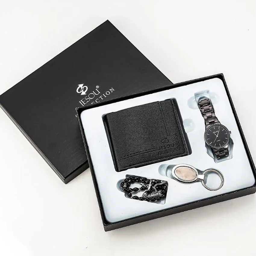 

Men Watch Set Wallet Wallet + Large Dial Quartz Watch + Rosary Bracelet + Keychain Men's Watches Gift For Boyfriend with box