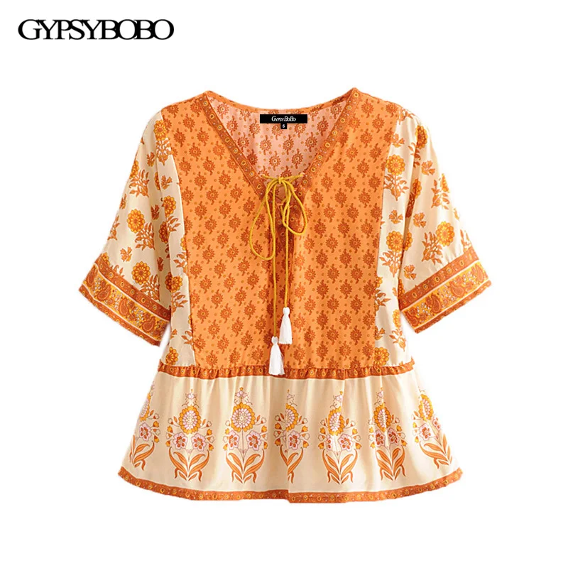 GYPSY Boho Chic летние топы Винтаж Цветочный принт блузка с бахромой Для женщин Мода v-образным вырезом сзади на шнуровке пляжный рубашки Blusas Mujer