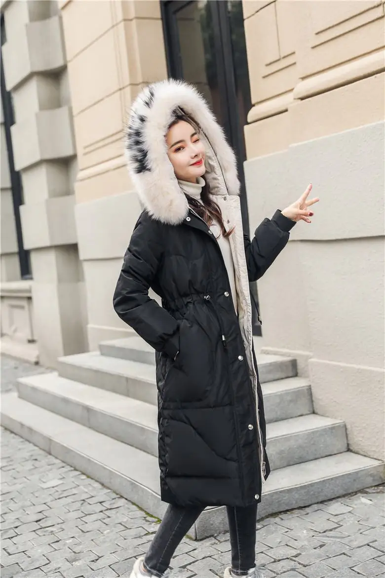 Women Winter White Duck Down Long Coat With Real Raccoon Fur Collar Hooded Jacket Female Casual Warm Down Parka Jacket N142