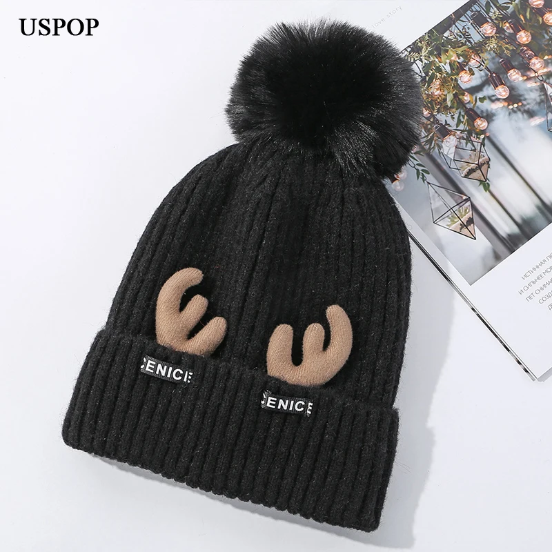 USPOP, новинка, зимние женские шапки skullies, милые вязаные шапки с пряжкой, женские толстые теплые женские шапочки с помпоном, шапки