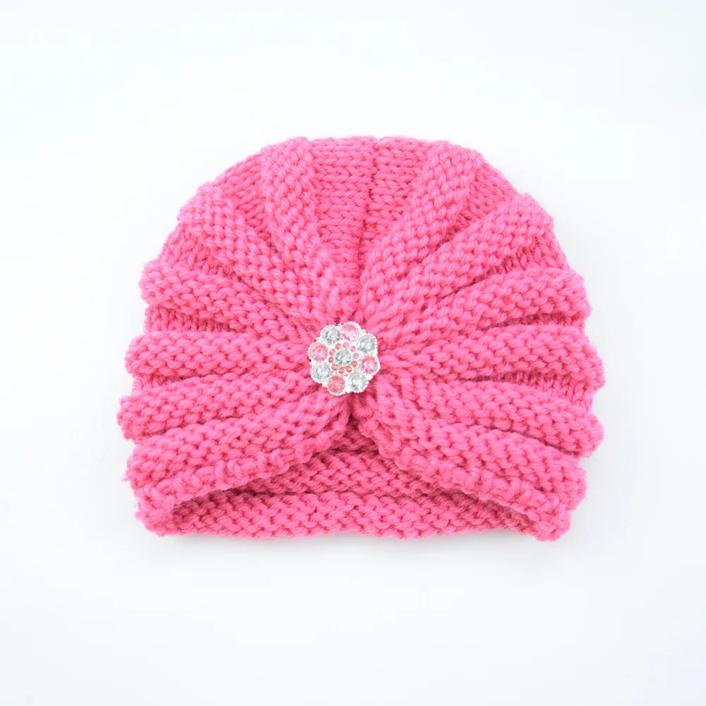 hot pink Вязаная Детская зимняя шапка, 12 цветов, Детские Стразы Шапочка-тюрбан, шапки для детей, индийская шапка для новорожденных, шапка для девочек, аксессуары для малышей - Цвет: hot pink