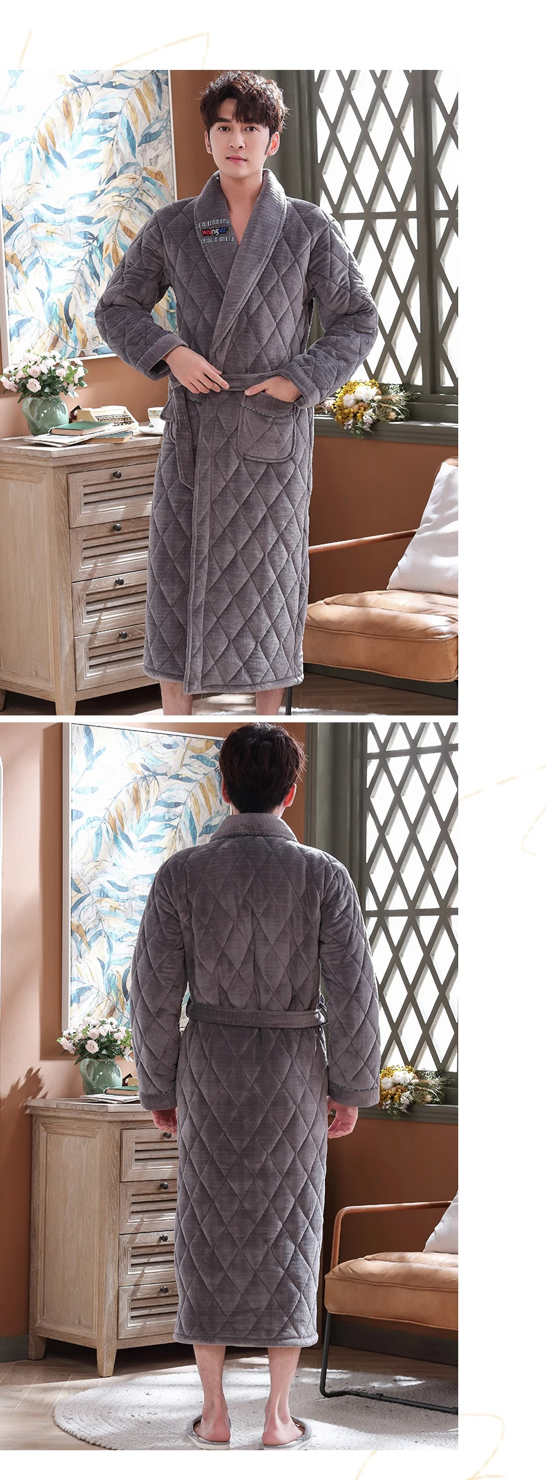 Men's Winter Warm Robes Thick Lengthened Flannel Quilted Shawl Bathrobe Kimono Home Clothes Long Sleeve Robe Coat peignoir homme