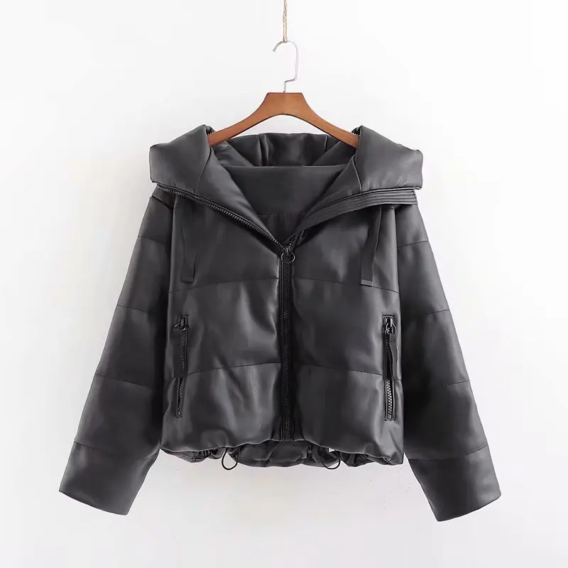 Winter PU Leather Coats Women Faux Leather Pockets Parka Women Elegant Hooded Zipper Coats Female Large Size Thicken Warm Coat