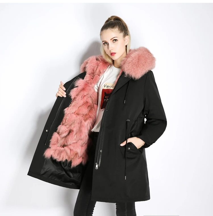 Fur Coat Plus Size Drop Shouler Pink Raccoon Fur Collar Hooded Warm Long Parkas Women Winter Casual Fox Fur Lining Fur Outwear