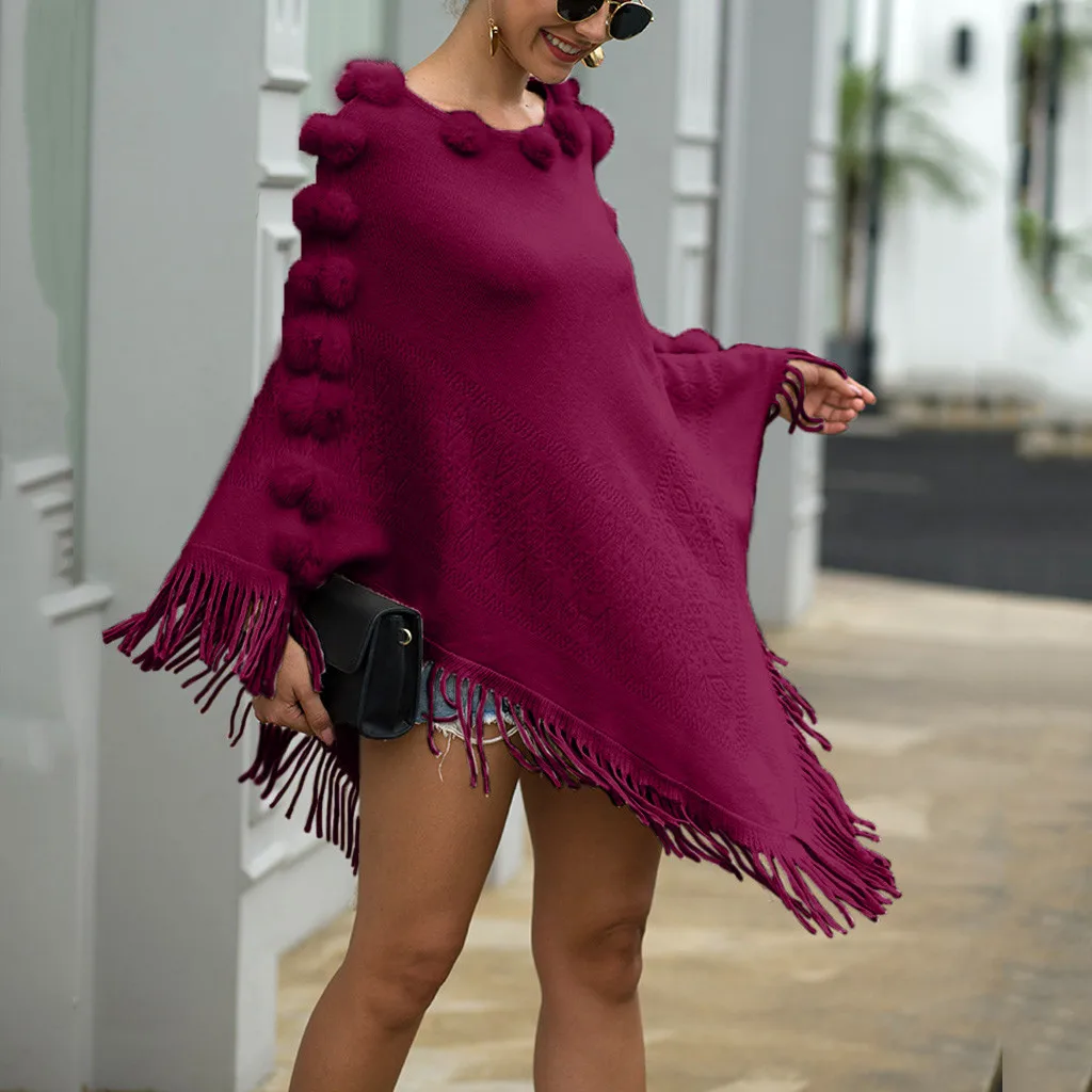 Womail Повседневный вязаный свитер с кисточками и неровным подолом, зимний модный женский однотонный свободный свитер с круглым вырезом