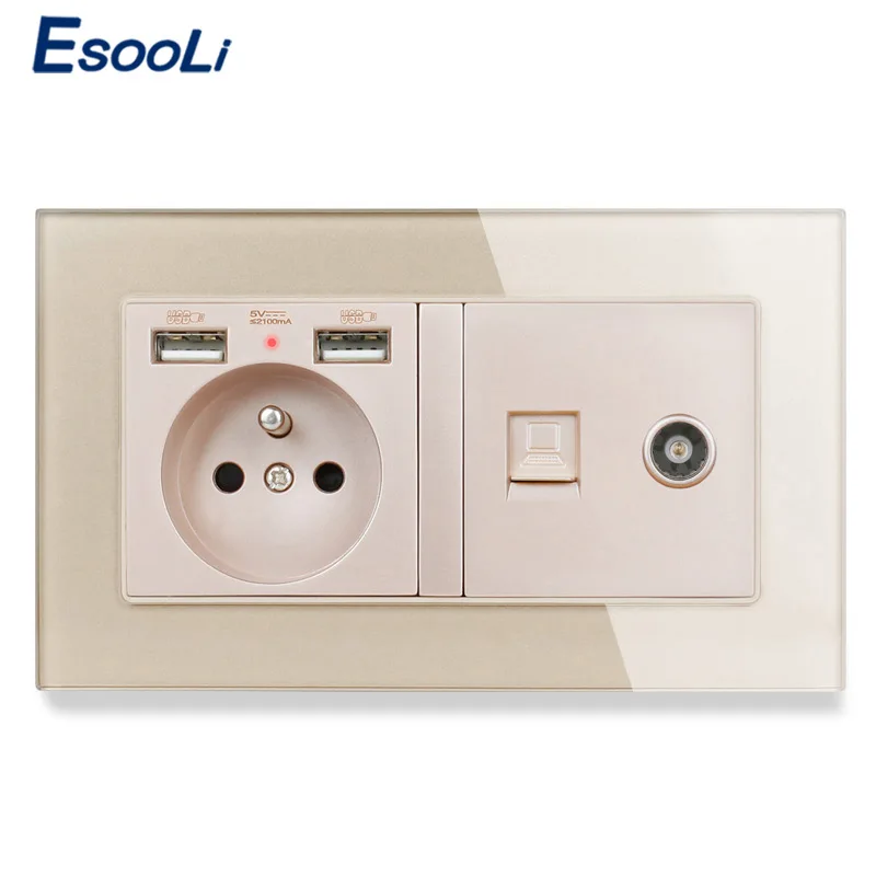 Стеклянная панель ESOOLI французская стандартная электрическая розетка с 2 USB + RJ45